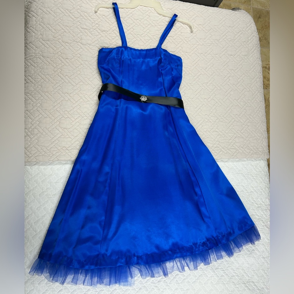 Blue Satin Princess Dress with Black Ribbon Sash